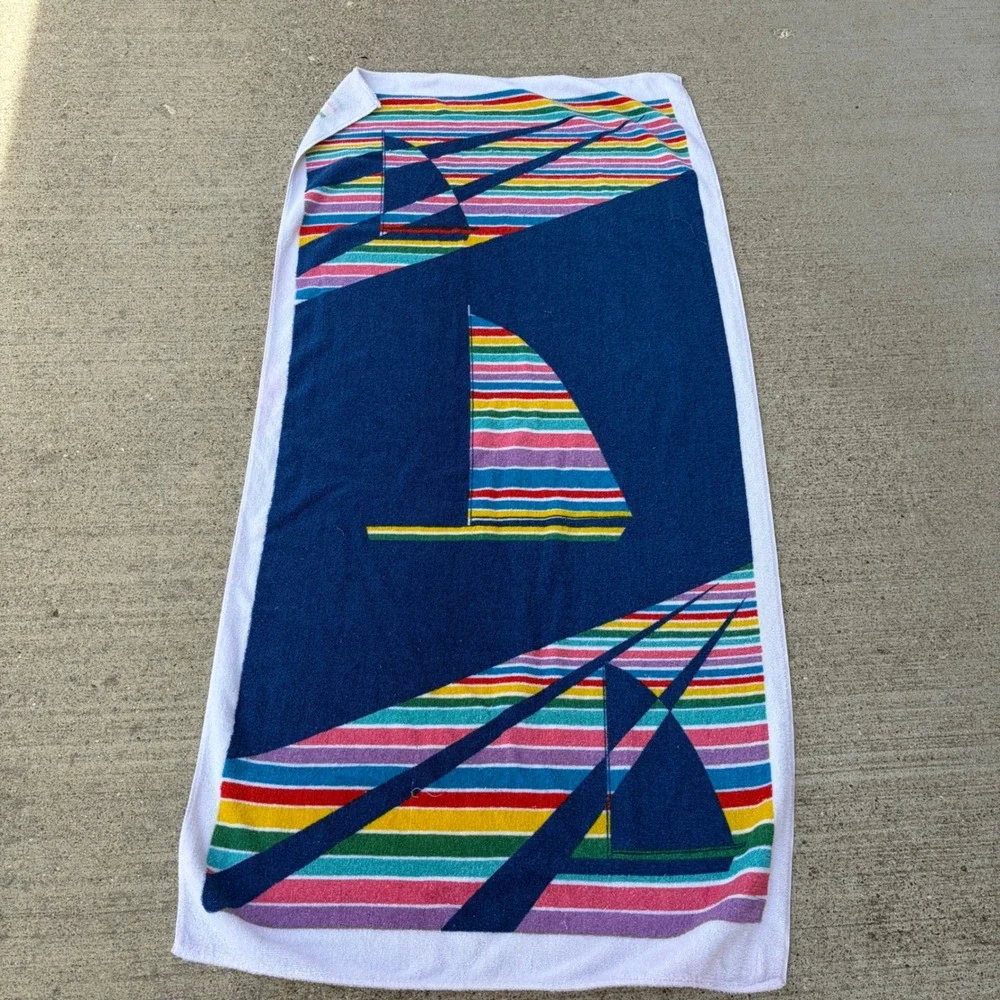 Vintage Island Fun Beach Towel Rainbow Sailboat Nautical Navy Blue Cotton Brazil